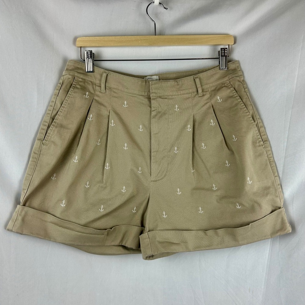 J.Crew Womens Khaki Tan Anchor Embroidered Pleated Cuffed Shorts 10 Nautical - Picture 2 of 6